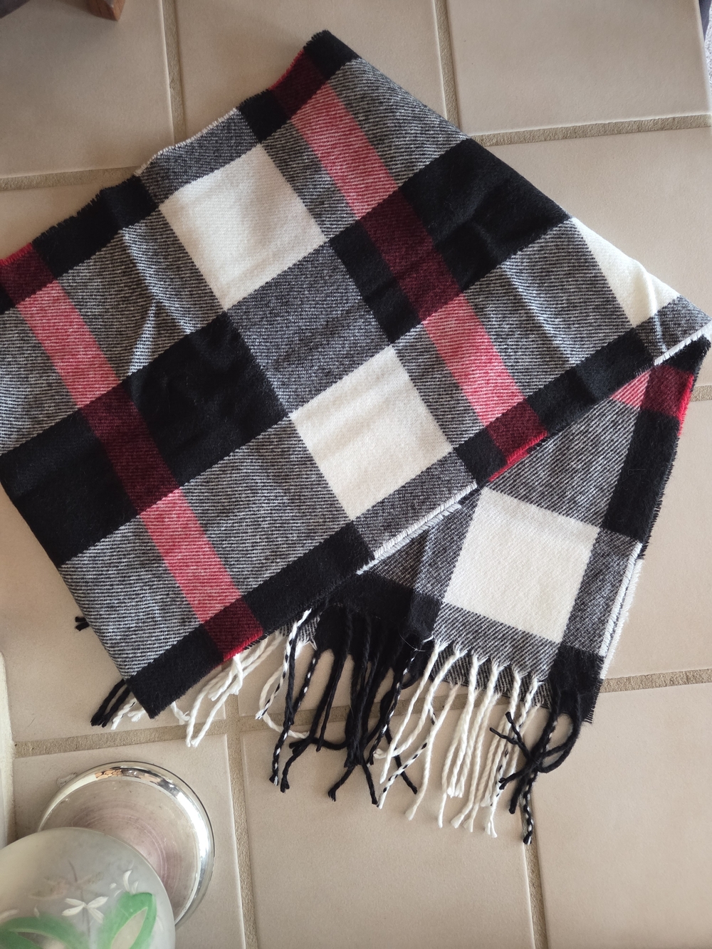 Classic Plaid Fringe Scarf - Black, White & Pink